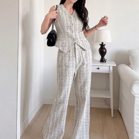 . Jackets & Blazers - White Preppy Womens Plaid Suit Vest And Wide Leg Pants Suit